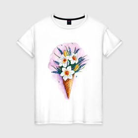Женская футболка хлопок с принтом Цветы в Новосибирске, 100% хлопок | прямой крой, круглый вырез горловины, длина до линии бедер, слегка спущенное плечо | акварель | весна | красивые картинки | лето | мороженое | нарциссы | тренд | цветы