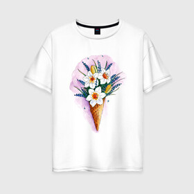 Женская футболка хлопок Oversize с принтом Цветы в Новосибирске, 100% хлопок | свободный крой, круглый ворот, спущенный рукав, длина до линии бедер
 | акварель | весна | красивые картинки | лето | мороженое | нарциссы | тренд | цветы