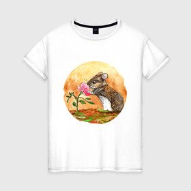 Женская футболка хлопок с принтом Мышка и цветок в Новосибирске, 100% хлопок | прямой крой, круглый вырез горловины, длина до линии бедер, слегка спущенное плечо | акварель | в топе | в тренде | звери | иллюстрация | красивая картинка | мышка | скетч | цветок