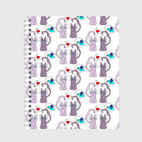 Тетрадь с принтом Фиолетовые котики в Новосибирске, 100% бумага | 48 листов, плотность листов — 60 г/м2, плотность картонной обложки — 250 г/м2. Листы скреплены сбоку удобной пружинной спиралью. Уголки страниц и обложки скругленные. Цвет линий — светло-серый
 | Тематика изображения на принте: кошки | любовь | милый | птичка | сердце