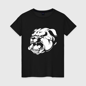 Женская футболка хлопок с принтом Бульдог белый на черном в Новосибирске, 100% хлопок | прямой крой, круглый вырез горловины, длина до линии бедер, слегка спущенное плечо | dog | бульдог | животные | пес | природа | собака | собаки | собакчка | собачки