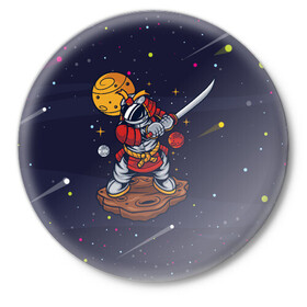 Значок с принтом Космический самурай в Новосибирске,  металл | круглая форма, металлическая застежка в виде булавки | астрономия | космос | меч | планета | самурай
