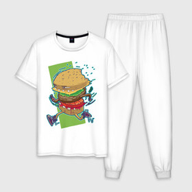 Мужская пижама хлопок с принтом Fast Food в Новосибирске, 100% хлопок | брюки и футболка прямого кроя, без карманов, на брюках мягкая резинка на поясе и по низу штанин
 | art | burger | cheese | cutlet | fast food | food | hamburger | salad | sandwich | арт | бургер | бутерброд | гамбургер | еда | котлета | салат | сыр | фаст фуд