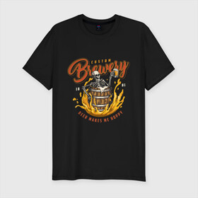 Мужская футболка хлопок Slim с принтом Пивовар в Новосибирске, 92% хлопок, 8% лайкра | приталенный силуэт, круглый вырез ворота, длина до линии бедра, короткий рукав | art | barrel | beer | fire | skeleton | арт | бочка | огонь | скелет