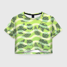 Женская футболка Crop-top 3D с принтом Тропический фон в Новосибирске, 100% полиэстер | круглая горловина, длина футболки до линии талии, рукава с отворотами | джунгли | зелень | листья | тропики | туристические