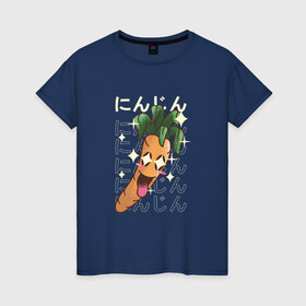 Женская футболка хлопок с принтом Японская кавайная морковка в Новосибирске, 100% хлопок | прямой крой, круглый вырез горловины, длина до линии бедер, слегка спущенное плечо | anime | art | carrot | carrots | cute | fashion | japan | japanese | kanji | kawaii | manga | vegan | vegetables | алфавит | аниме | арт | в японском стиле | веган | кандзи | манга | милота | морковь | овощ | овощи | смех | японские буквы | япо