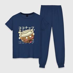 Женская пижама хлопок с принтом Японский кавайный кокос в Новосибирске, 100% хлопок | брюки и футболка прямого кроя, без карманов, на брюках мягкая резинка на поясе и по низу штанин | anime | art | coconut | cute | fashion | japan | japanese | kanji | kawaii | manga | nut | nuts | palm | алфавит | аниме | арт | в японском стиле | кандзи | кокосик | манга | милота | орех | орехи | плоды | с пальмы | смех | японские буквы | яп
