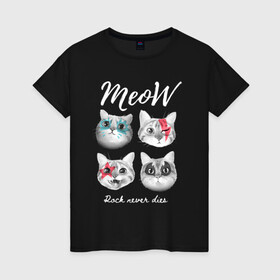 Женская футболка хлопок с принтом РОК КОТЫ в Новосибирске, 100% хлопок | прямой крой, круглый вырез горловины, длина до линии бедер, слегка спущенное плечо | and | cat | cats | cute | funny | heavy | kitten | kitty | meow | metal | music | n | pet | rock | roll | star | кот | котик | коты | кошка | кошки | крутой | музыка | рок
