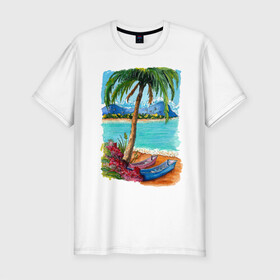 Мужская футболка хлопок Slim с принтом Лето в Новосибирске, 92% хлопок, 8% лайкра | приталенный силуэт, круглый вырез ворота, длина до линии бедра, короткий рукав | Тематика изображения на принте: акварель | горы | красивые картинки | лето | лодка | море | пальмы | пляж