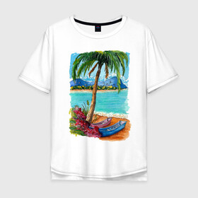 Мужская футболка хлопок Oversize с принтом Лето в Новосибирске, 100% хлопок | свободный крой, круглый ворот, “спинка” длиннее передней части | Тематика изображения на принте: акварель | горы | красивые картинки | лето | лодка | море | пальмы | пляж