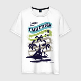 Мужская футболка хлопок с принтом CALIFORNIA BEECH в Новосибирске, 100% хлопок | прямой крой, круглый вырез горловины, длина до линии бедер, слегка спущенное плечо. | beech | california | retro | sea | summer | usa | каникулы | лето | море | отдых | пальмы | пляж | ретро | тропики