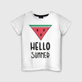 Детская футболка хлопок с принтом HELLO SUMMER в Новосибирске, 100% хлопок | круглый вырез горловины, полуприлегающий силуэт, длина до линии бедер | funny | happy | hello | icecream | rainbow | romantic | summer | sun | арбуз | веселье | значки | лето | отдых | отпуск | привет | романтика | солнце | счастье | тепло