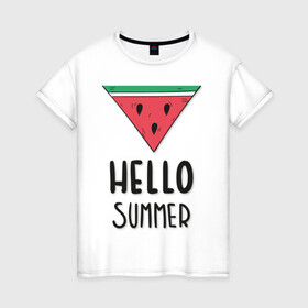 Женская футболка хлопок с принтом HELLO SUMMER в Новосибирске, 100% хлопок | прямой крой, круглый вырез горловины, длина до линии бедер, слегка спущенное плечо | funny | happy | hello | icecream | rainbow | romantic | summer | sun | арбуз | веселье | значки | лето | отдых | отпуск | привет | романтика | солнце | счастье | тепло