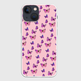 Чехол для iPhone 13 mini с принтом Бабочки фиолетовые | 2 в Новосибирске,  |  | бабочка | бабочки | насекомые | нежный | рисунок | роза | сирень | цветочек | цветочный | цветы