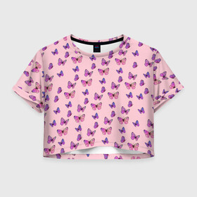 Женская футболка Crop-top 3D с принтом Бабочки фиолетовые 2 в Новосибирске, 100% полиэстер | круглая горловина, длина футболки до линии талии, рукава с отворотами | Тематика изображения на принте: бабочка | бабочки | насекомые | нежный | рисунок | роза | сирень | цветочек | цветочный | цветы