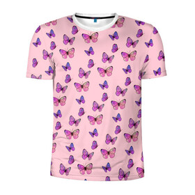 Мужская футболка 3D спортивная с принтом Бабочки фиолетовые 2 в Новосибирске, 100% полиэстер с улучшенными характеристиками | приталенный силуэт, круглая горловина, широкие плечи, сужается к линии бедра | бабочка | бабочки | насекомые | нежный | рисунок | роза | сирень | цветочек | цветочный | цветы