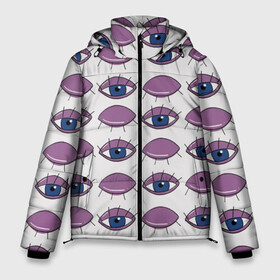 Мужская зимняя куртка 3D с принтом Глаза фиолетовые в Новосибирске, верх — 100% полиэстер; подкладка — 100% полиэстер; утеплитель — 100% полиэстер | длина ниже бедра, свободный силуэт Оверсайз. Есть воротник-стойка, отстегивающийся капюшон и ветрозащитная планка. 

Боковые карманы с листочкой на кнопках и внутренний карман на молнии. | Тематика изображения на принте: геометрия | глаз | глаза | иллюзия | медицина | окулист | паттерн | психоделика | радуга | цвета