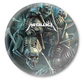 Значок с принтом Metallica Metal Skull в Новосибирске,  металл | круглая форма, металлическая застежка в виде булавки | american | james hetfield | kirk hammett | metal band | metallica | music | mystic | rock | американская | джеймс хетфилд | металлика | музыка | рок | скилет | череп