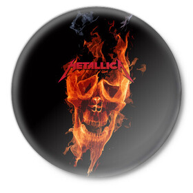 Значок с принтом Metallica Flame в Новосибирске,  металл | круглая форма, металлическая застежка в виде булавки | Тематика изображения на принте: american | james hetfield | kirk hammett | metal band | metallica | music | mystic | rock | американская | джеймс хетфилд | металлика | музыка | рок | скилет | череп