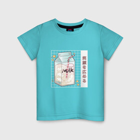 Детская футболка хлопок с принтом Японское кавайное молоко в Новосибирске, 100% хлопок | круглый вырез горловины, полуприлегающий силуэт, длина до линии бедер | anime | art | carton | cocktail | cute | food | japan | japanese | kanji | kawaii | manga | milk | алфавит | аниме | арт | в японском стиле | звёзды | кандзи | картон | манга | милота | молочный коктейль | облака | стиль токио | японские буквы 