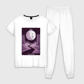 Женская пижама хлопок с принтом Карты ТАРО | Пейзаж с луной в Новосибирске, 100% хлопок | брюки и футболка прямого кроя, без карманов, на брюках мягкая резинка на поясе и по низу штанин | 17 век | esoteric | moon | moonlight | moonshine | night | tarot card | башни | гадание | живая луна | замок | затмение | звёздная ночь | звёздное небо | звёзды | карта таро | кристаллы | луна | лунный свет | пейзаж | полумесяц