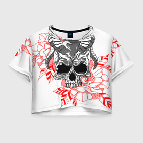 Женская футболка Crop-top 3D с принтом Череп с рогами в Новосибирске, 100% полиэстер | круглая горловина, длина футболки до линии талии, рукава с отворотами | Тематика изображения на принте: рога | розы | сатана | цветы | череп | черепок
