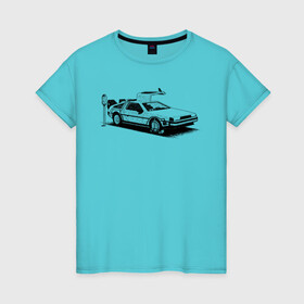 Женская футболка хлопок с принтом DeLorean в Новосибирске, 100% хлопок | прямой крой, круглый вырез горловины, длина до линии бедер, слегка спущенное плечо | автомобиль | делориан | машина | парковка | черно белый