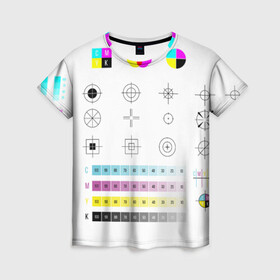 Женская футболка 3D с принтом CMYK в Новосибирске, 100% полиэфир ( синтетическое хлопкоподобное полотно) | прямой крой, круглый вырез горловины, длина до линии бедер | rgb | печать | подарок дизайнеру | полиграфия | помехи | принтер | тест