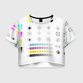 Женская футболка Crop-top 3D с принтом CMYK в Новосибирске, 100% полиэстер | круглая горловина, длина футболки до линии талии, рукава с отворотами | rgb | печать | подарок дизайнеру | полиграфия | помехи | принтер | тест