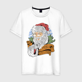Мужская футболка хлопок с принтом Merry Christmas в Новосибирске, 100% хлопок | прямой крой, круглый вырез горловины, длина до линии бедер, слегка спущенное плечо. | Тематика изображения на принте: cанта | дед мороз | иллюстрация | рождество | сочельник