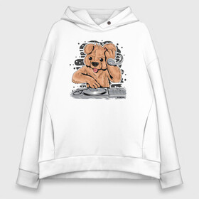 Женское худи Oversize хлопок с принтом DJ Bear в Новосибирске, френч-терри — 70% хлопок, 30% полиэстер. Мягкий теплый начес внутри —100% хлопок | боковые карманы, эластичные манжеты и нижняя кромка, капюшон на магнитной кнопке | Тематика изображения на принте: beer | вечеринка | диджей | животные | иллюстрация