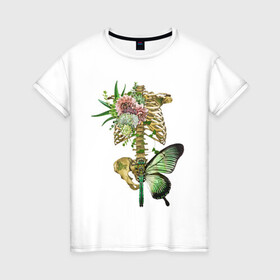Женская футболка хлопок с принтом Внутренний мир в Новосибирске, 100% хлопок | прямой крой, круглый вырез горловины, длина до линии бедер, слегка спущенное плечо | art | бабочка | иллюстрация | скелет | цветы