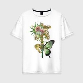 Женская футболка хлопок Oversize с принтом Внутренний мир в Новосибирске, 100% хлопок | свободный крой, круглый ворот, спущенный рукав, длина до линии бедер
 | art | бабочка | иллюстрация | скелет | цветы