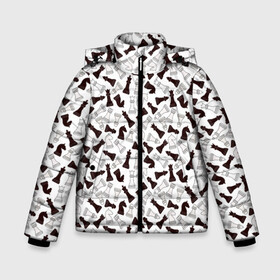 Зимняя куртка для мальчиков 3D с принтом Шахматные Фигуры в Новосибирске, ткань верха — 100% полиэстер; подклад — 100% полиэстер, утеплитель — 100% полиэстер | длина ниже бедра, удлиненная спинка, воротник стойка и отстегивающийся капюшон. Есть боковые карманы с листочкой на кнопках, утяжки по низу изделия и внутренний карман на молнии. 

Предусмотрены светоотражающий принт на спинке, радужный светоотражающий элемент на пуллере молнии и на резинке для утяжки | Тематика изображения на принте: игра | король | ладья | математика | пешка | ферзь | чёрно белые | шах и мат | шахматист | шахматная доска | шахматы