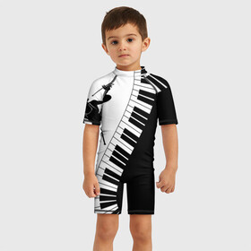 Детский купальный костюм 3D с принтом Черно Белое пианино  в Новосибирске, Полиэстер 85%, Спандекс 15% | застежка на молнии на спине | барабаны | музыка | пианино | черно белое