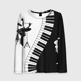 Женский лонгслив 3D с принтом Черно Белое пианино  в Новосибирске, 100% полиэстер | длинные рукава, круглый вырез горловины, полуприлегающий силуэт | барабаны | музыка | пианино | черно белое