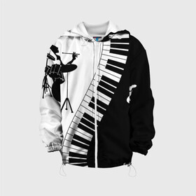 Детская куртка 3D с принтом Черно Белое пианино  в Новосибирске, 100% полиэстер | застежка — молния, подол и капюшон оформлены резинкой с фиксаторами, по бокам — два кармана без застежек, один потайной карман на груди, плотность верхнего слоя — 90 г/м2; плотность флисового подклада — 260 г/м2 | барабаны | музыка | пианино | черно белое
