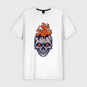 Мужская футболка хлопок Slim с принтом Череп огонь в Новосибирске, 92% хлопок, 8% лайкра | приталенный силуэт, круглый вырез ворота, длина до линии бедра, короткий рукав | fire | skull | в огне | огонь | хипстер | череп | черепушка