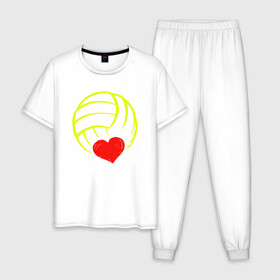 Мужская пижама хлопок с принтом Volleyball Heart в Новосибирске, 100% хлопок | брюки и футболка прямого кроя, без карманов, на брюках мягкая резинка на поясе и по низу штанин
 | ball | beach | game | heart | love | sport | volley | volleyball | волейбол | волейболист | волейболистка | гол | игра | игрок | мяч | площадка | пляж | пляжный | победа | сердце | сетка | спорт | тренер | чемпион