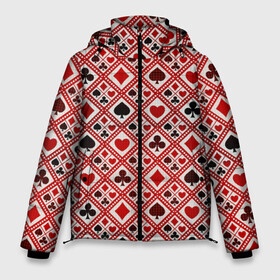 Мужская зимняя куртка 3D с принтом Картёжник в Новосибирске, верх — 100% полиэстер; подкладка — 100% полиэстер; утеплитель — 100% полиэстер | длина ниже бедра, свободный силуэт Оверсайз. Есть воротник-стойка, отстегивающийся капюшон и ветрозащитная планка. 

Боковые карманы с листочкой на кнопках и внутренний карман на молнии. | 777 | cards | casino | chips | flash | fortune | game | joker | luck | omaha | poker | roulette | straight | texas holdem | tournament | азарт | джокер | игра | казино | карты | омаха | покер | рулетка | стрит | техасский холдэм | турнир | удача | фишки |