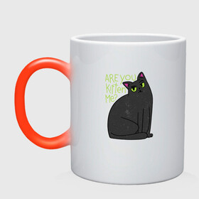 Кружка хамелеон с принтом Are you kitten me | Чёрный кот в Новосибирске, керамика | меняет цвет при нагревании, емкость 330 мл | big eyes | black cat | fear | funny cat | joking | kitten | kitty | игра слов | испуг | киса | кот с большими глазами | котёнок | котик | котики | кошка | кошки | милый котик | не шути со мной | прикол | рисунок | тёмный кот