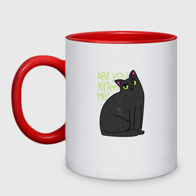 Кружка двухцветная с принтом Are you kitten me | Чёрный кот в Новосибирске, керамика | объем — 330 мл, диаметр — 80 мм. Цветная ручка и кайма сверху, в некоторых цветах — вся внутренняя часть | Тематика изображения на принте: big eyes | black cat | fear | funny cat | joking | kitten | kitty | игра слов | испуг | киса | кот с большими глазами | котёнок | котик | котики | кошка | кошки | милый котик | не шути со мной | прикол | рисунок | тёмный кот