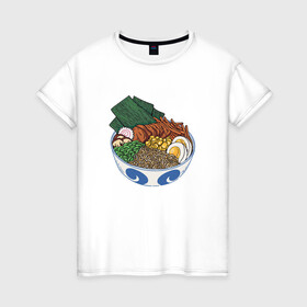 Женская футболка хлопок с принтом Миска с раменом | Ramen Bowl в Новосибирске, 100% хлопок | прямой крой, круглый вырез горловины, длина до линии бедер, слегка спущенное плечо | art | bowl | food | japan | japanese | kanji | noodle | noodles | ramen | soup | аниме про еду | аниме про рамен | арт | боул | кандзи | кафе из другого мира | лапша | лапша быстрого приготовления | лапшичка | миска | суп | тарелка