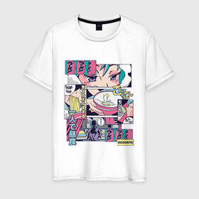 Мужская футболка хлопок с принтом Vaporwave Anime Ramen Shop в Новосибирске, 100% хлопок | прямой крой, круглый вырез горловины, длина до линии бедер, слегка спущенное плечо. | anime fan | art | japan | japanese | manga character | tokyo | анимация | анимешник | арт | кафе | комикс | комиксы | магазин | манга | отрисовка | паровая волна | пародия | персонаж аниме | прикол | рамен