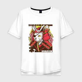 Мужская футболка хлопок Oversize с принтом Японский кот самурай в Новосибирске, 100% хлопок | свободный крой, круглый ворот, “спинка” длиннее передней части | art | cat | cyberpunk samurai | ninja | oni | ronin | samurai | shogun | yakuza | арт | воин | воитель | киберпанк самурай | кошка | мерч | прикол | путь воина | путь война | ронин | сёгун | сепукку | токио | харакири | черный самурай