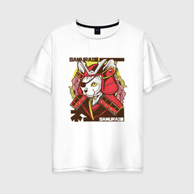 Женская футболка хлопок Oversize с принтом Японский кот самурай в Новосибирске, 100% хлопок | свободный крой, круглый ворот, спущенный рукав, длина до линии бедер
 | art | cat | cyberpunk samurai | ninja | oni | ronin | samurai | shogun | yakuza | арт | воин | воитель | киберпанк самурай | кошка | мерч | прикол | путь воина | путь война | ронин | сёгун | сепукку | токио | харакири | черный самурай
