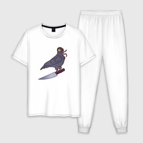 Мужская пижама хлопок с принтом Опасный голубь в Новосибирске, 100% хлопок | брюки и футболка прямого кроя, без карманов, на брюках мягкая резинка на поясе и по низу штанин
 | голубь | крылья | нож | перья | полёт | птица | червяк