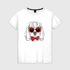 Женская футболка хлопок с принтом Собака в очках в Новосибирске, 100% хлопок | прямой крой, круглый вырез горловины, длина до линии бедер, слегка спущенное плечо | dog | в очках | крутой | мопс | пес | с бантиком | собака | шипы | щенок