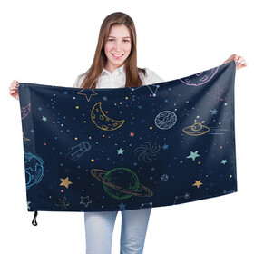 Флаг 3D с принтом Космическая одиссея в Новосибирске, 100% полиэстер | плотность ткани — 95 г/м2, размер — 67 х 109 см. Принт наносится с одной стороны | background | галактика | звёзды | иллюстрация | луна | планеты