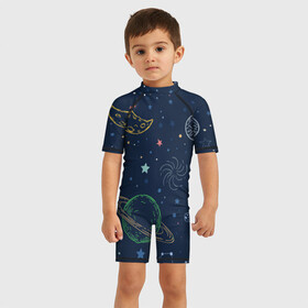 Детский купальный костюм 3D с принтом Космическая одиссея в Новосибирске, Полиэстер 85%, Спандекс 15% | застежка на молнии на спине | background | галактика | звёзды | иллюстрация | луна | планеты